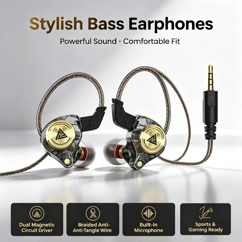 Fone de Ouvido QKZ AK3 HiFi com Fio 3.5MM e Microfone, Cancelamento de Ruído, Graves Potentes, Ideal para Esportes, Jogos e Música com Som Estéreo