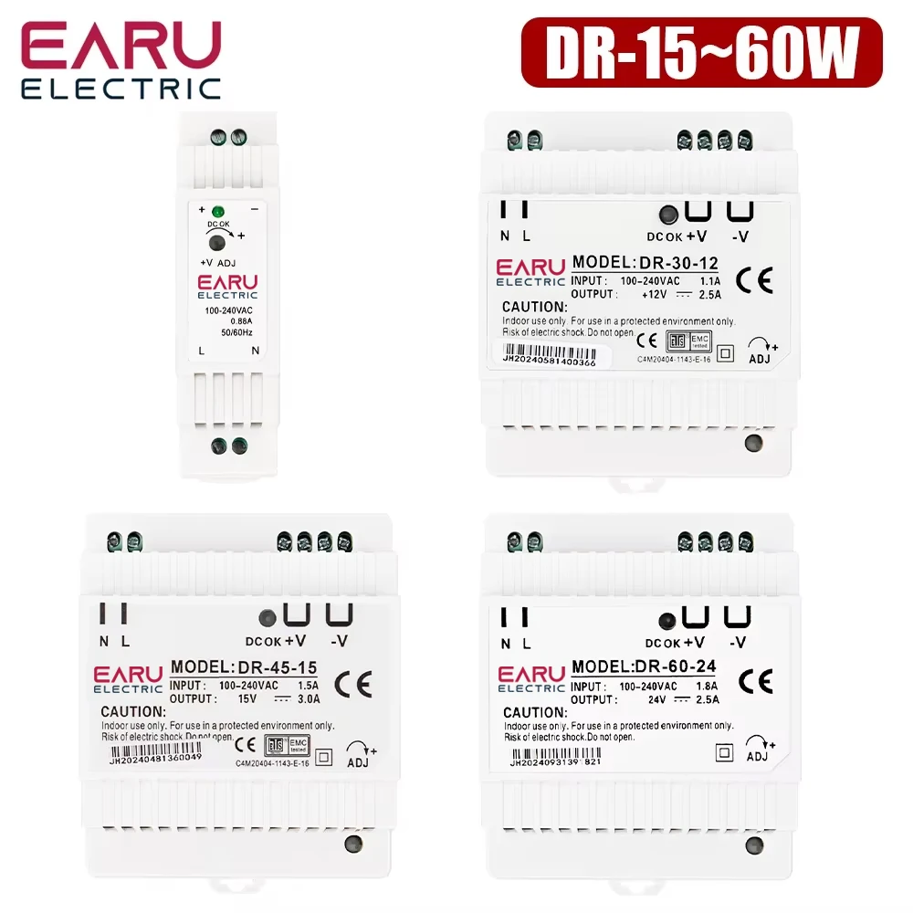 Fonte de Alimentação Industrial EARU 15W 30W 45W 60W de Saída Única DC5V 12V 24V para Trilho DIN, Entrada 100-240VAC DR-15 DR-30 DR-45 DR-60 Fonte de Alimentação Industrial EARU 15W 30W 45W 60W de Saída Única DC5V 12V 24V para Trilho DIN, Entrada 100-240VAC DR-15 DR-30 DR-45 DR-60