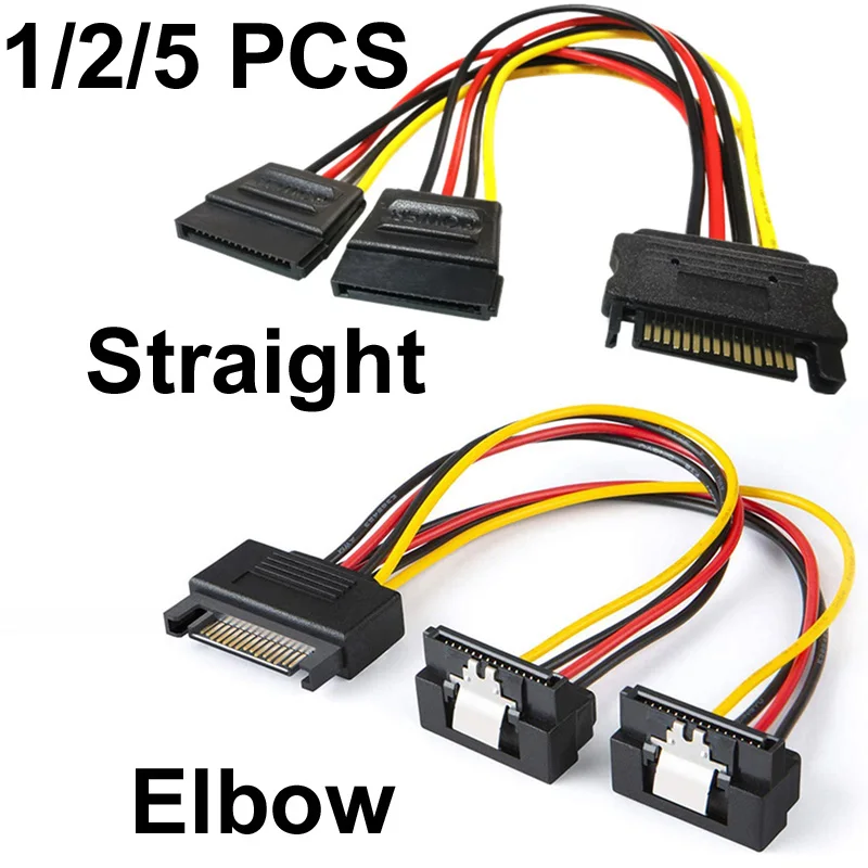 1/2/5 peças 20cm cotovelo reto de 90 graus sata 15 pinos macho para 2x15p fêmea y 15 pinos cabo de alimentação hdd divisor conector adaptador