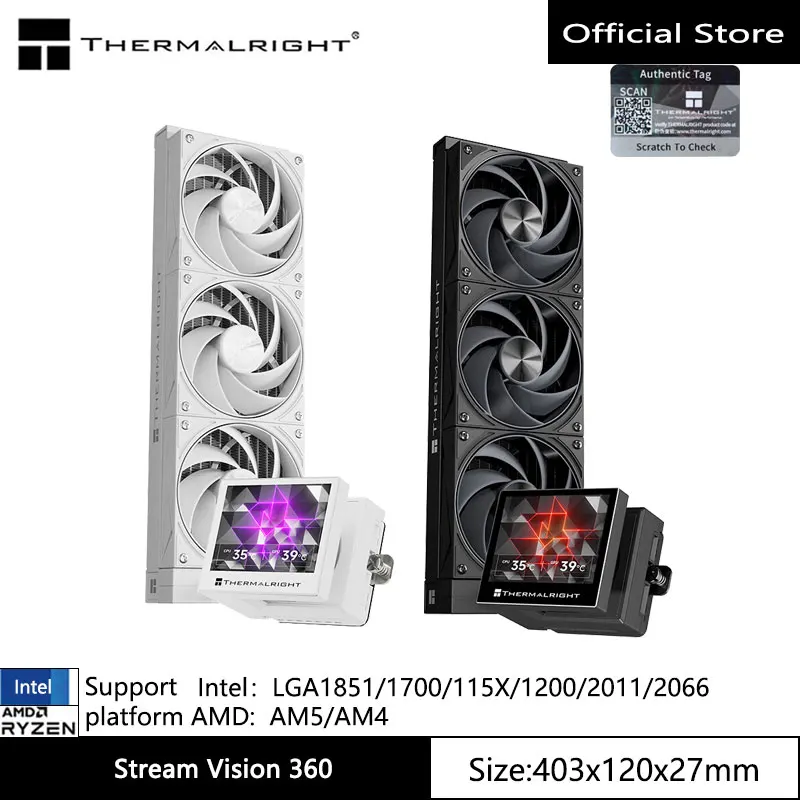 Radiador de refrigeração líquida integrado Thermalright Stream Vision 360, com tela LCD magnética de 3,5 polegadas e resolução de 680x480/LGA1851/1700.