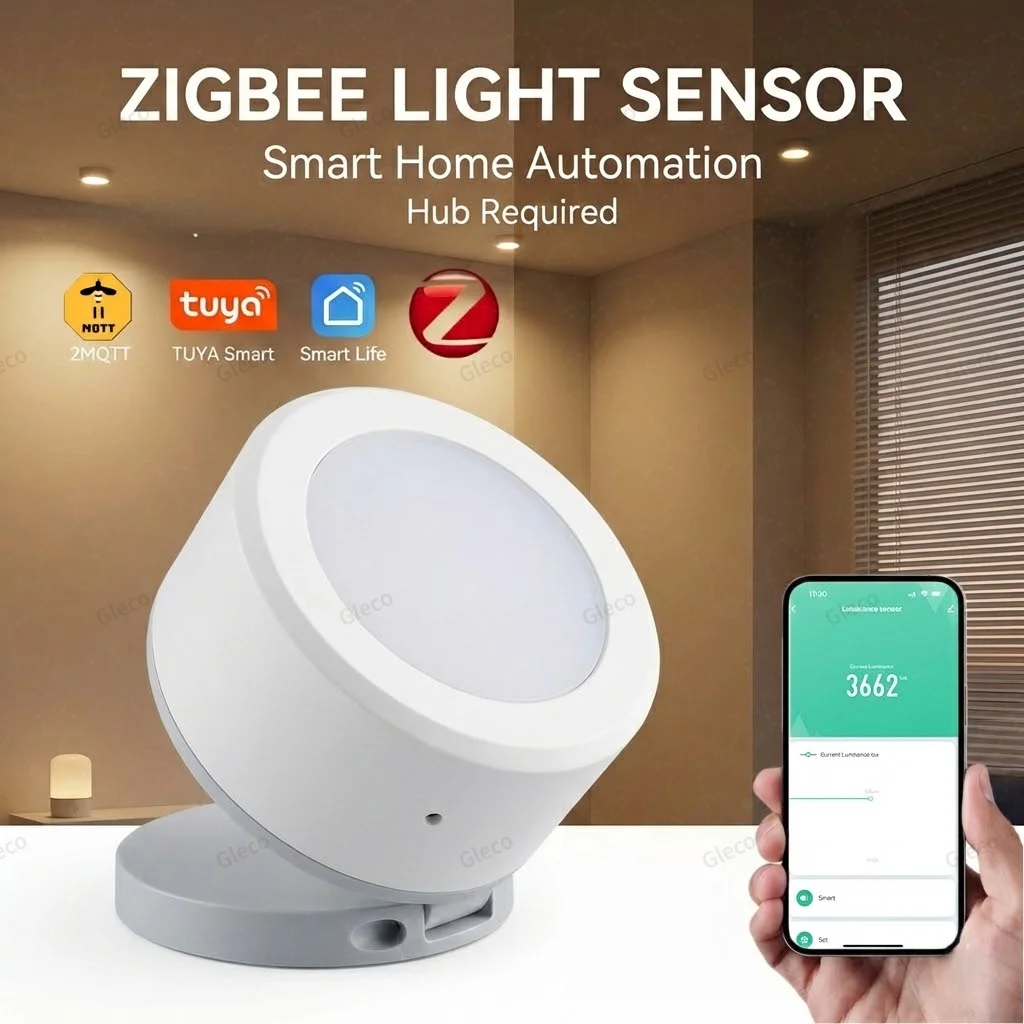 Sensor de Luz ZigBee, Sensor de Luminância, Detector de Brilho para Automação Residencial com Conexão de Dispositivos TUYA Smart Life Z2M