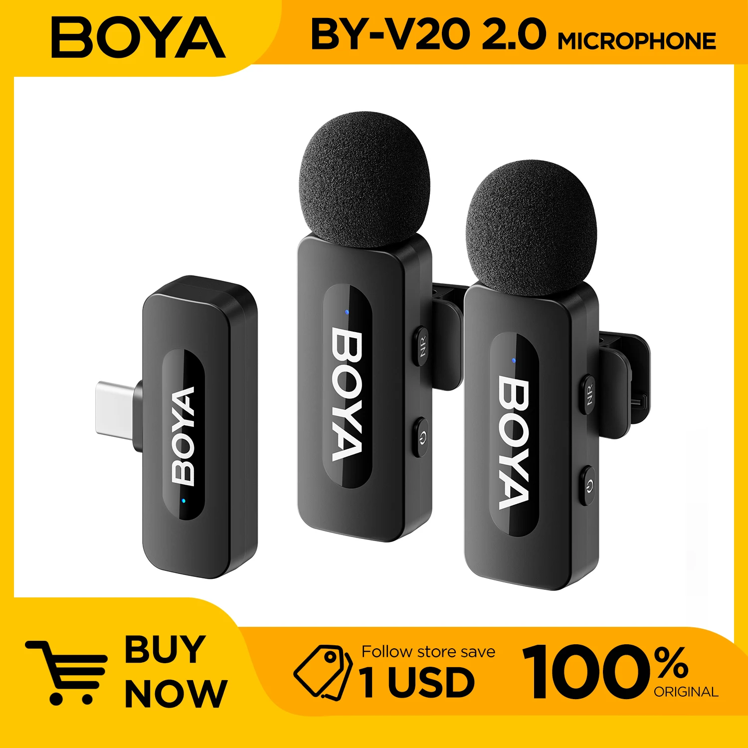 Microfone de Lapela Sem Fio BOYA (2 Peças) para Smartphone Android e Laptop - Microfone Condensador Omnidirecional USB-C para Gravação de Vídeo