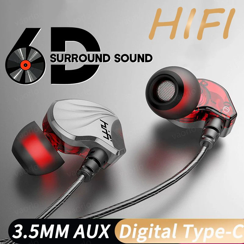 Hifi 6d surround baixo fones de ouvido com fio 3.5mm tipo c fone de ouvido esportes gamer à prova dwaterproof água fone de ouvido handfree para samsung