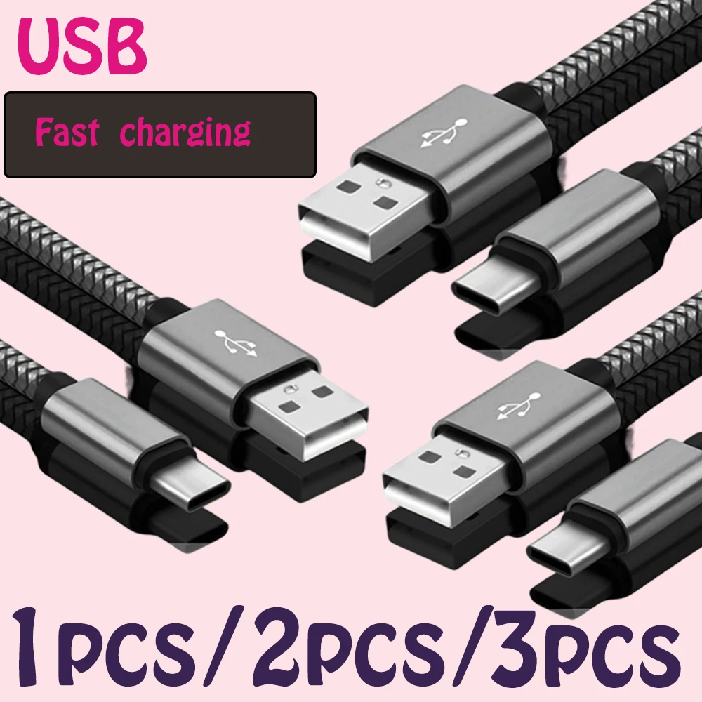 Cabo de Dados de Nylon para Carregamento Rápido USB A para Tipo C para Celulares Huawei Samsung Android Dispositivo de Carregamento Tipo C 1M 2M 3M