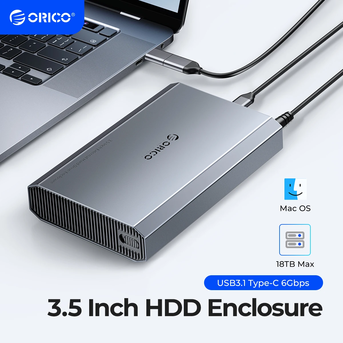 Caixa de Alumínio ORICO para Disco Rígido de 3.5 com USB 3.2 Gen 2, Velocidade de Transferência de 5/6Gbps para HDD/SSD SATA de 3.5/2.5 Polegadas, Até 20TB