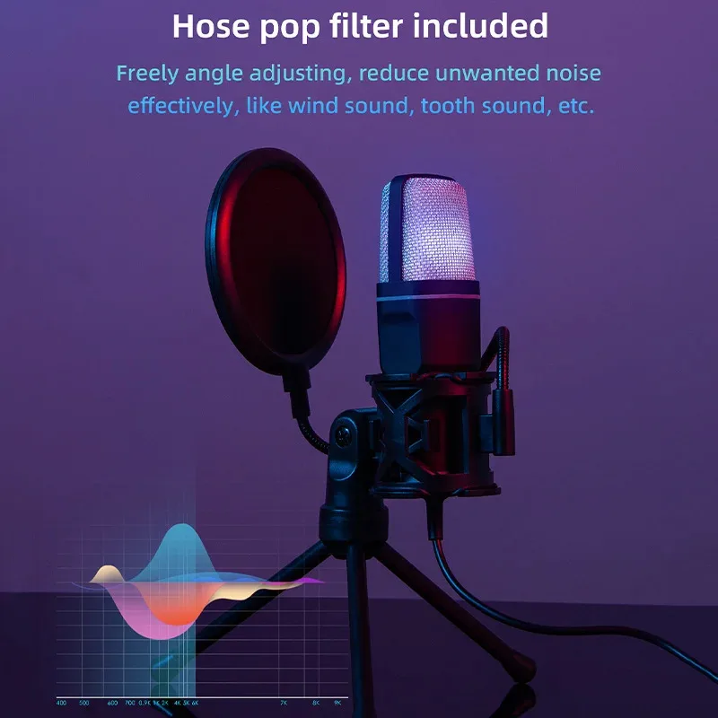 Microfone USB RGB, microfone condensador com redução de ruído, microfone com fio para jogos, ideal para gravações de podcasts, estúdios de gravação, transmissões ao vivo, laptops e computadores de mesa.