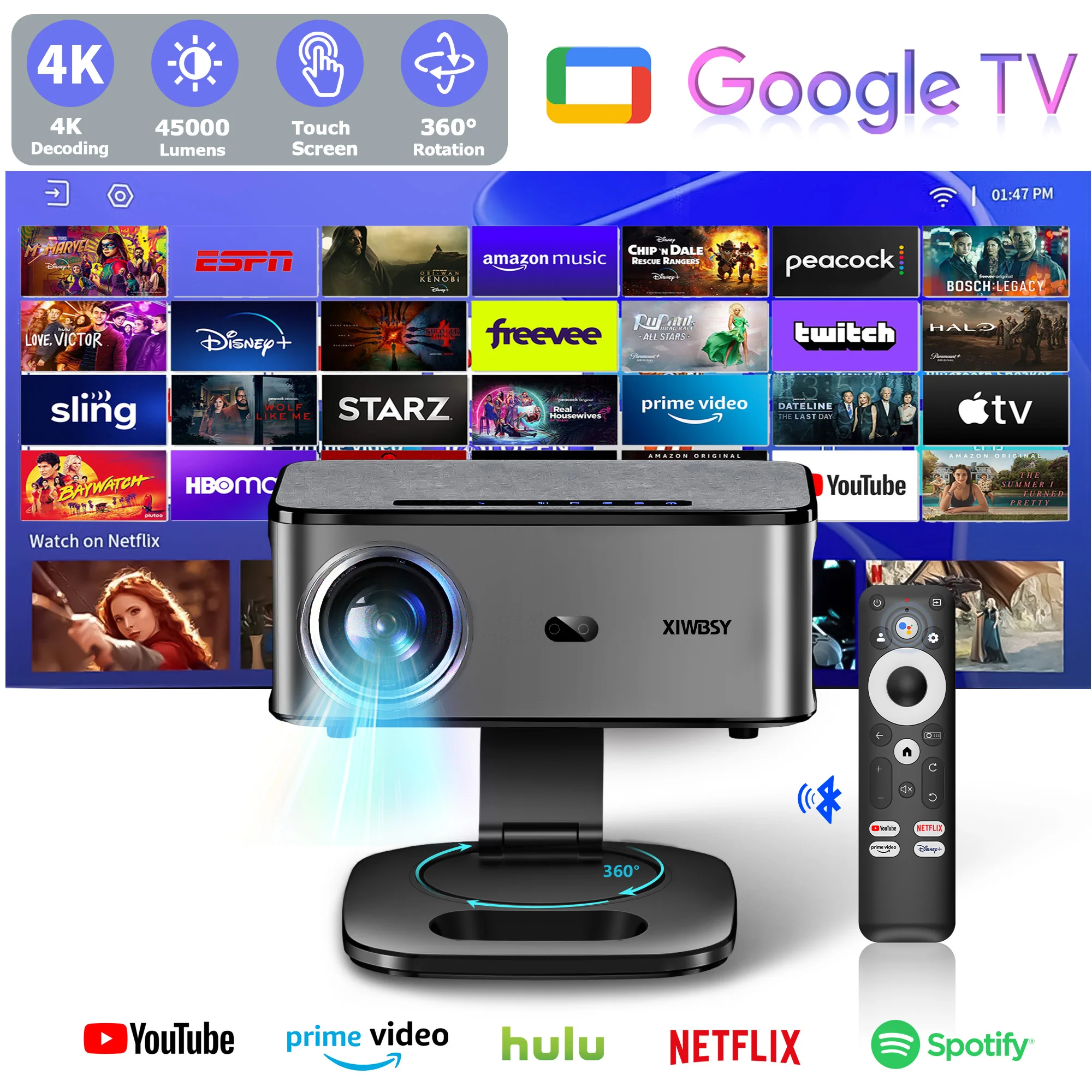 Projetor Portátil XIWBSY 45000 Lumens com Google TV, Projetor 4K Android 14.0, Projetor para Luz Diurna, Projetor de Vídeo 8K para Home Theater
