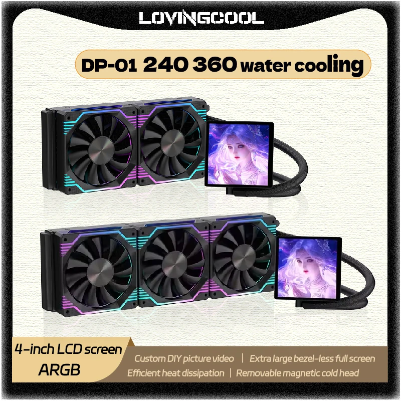 LOVINGCOOL DP-01 360/240 Radiador de Resfriamento Líquido para CPU, Cooler de Água DIY com Tela Total Sem Moldura de 4.0 Polegadas Super Grande