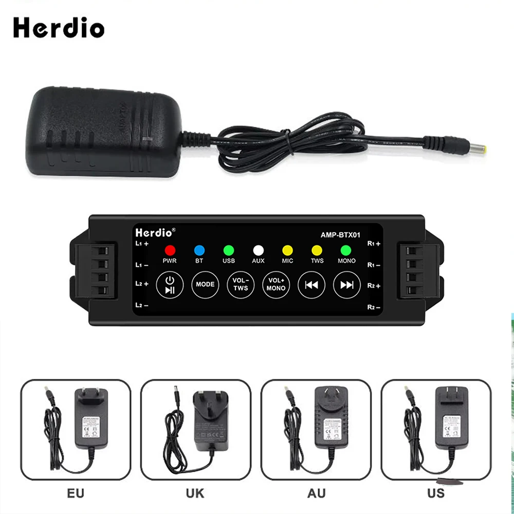 Herdio 4 vias casa amplificadores de potência áudio bluetooth & aux mini amplificador para alto-falantes teto parede do banheiro ue/eua/reino unido/au plug