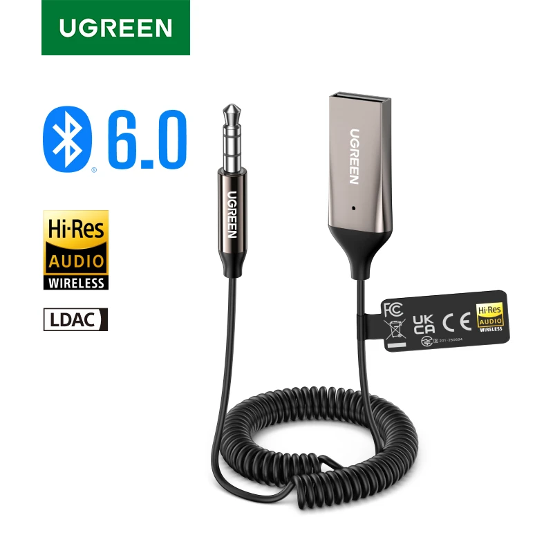 Adaptador UGREEN Aux para Bluetooth 6.0 Receptor Bluetooth de 3,5 mm LDAC Áudio de alta resolução para carro USB para kit de entrada de 3,5 mm com microfone Aux