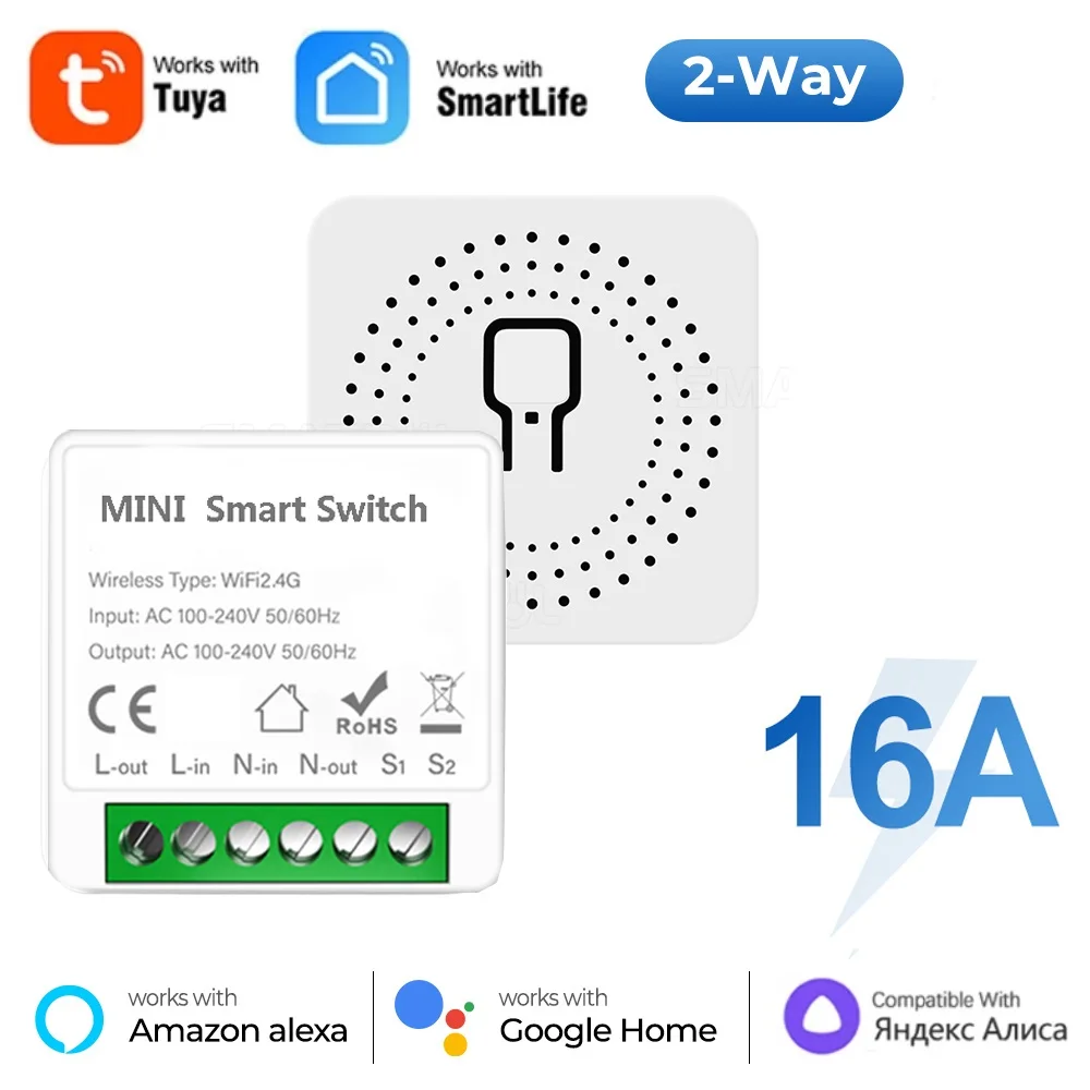 Interruptor WiFi Mini 16A Compatível com o aplicativo Tuya e Smart Life, Controle de 2 Vias, Módulo de Automação Residencial Inteligente, Compatível com Alexa e Google Home