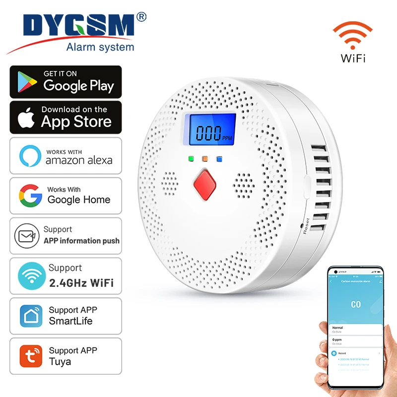 Detector de Monóxido de Carbono Inteligente Tuya WiFi com Alarme Sonoro de 85dB, Display Digital LCD, Monitor de CO em Tempo Real para Uso Interno em Casa
