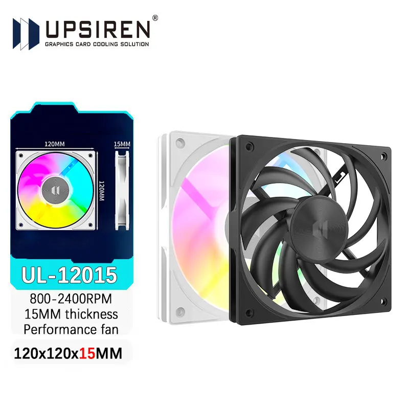 UPSIREN UL-12015 12 CM ventiladores de refrigeração de chassi fino 15 MM de espessura 12 V 4PIN PWM/5 V 3PIN ARGB 800-2400RPM ventilador de desempenho Preto/Branco