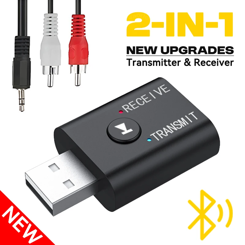 2 em 1 receptor transmissor de áudio bluetooth com microfone hd 3.5mm aux usb estéreo música adaptador sem fio para carro kit alto-falante tv pc