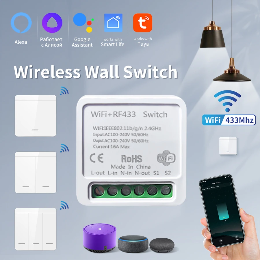 Tuya wifi interruptor de luz inteligente casa inteligente sem fio rf 433mhz botão interruptor parede via alexa google casa alice vida inteligente app