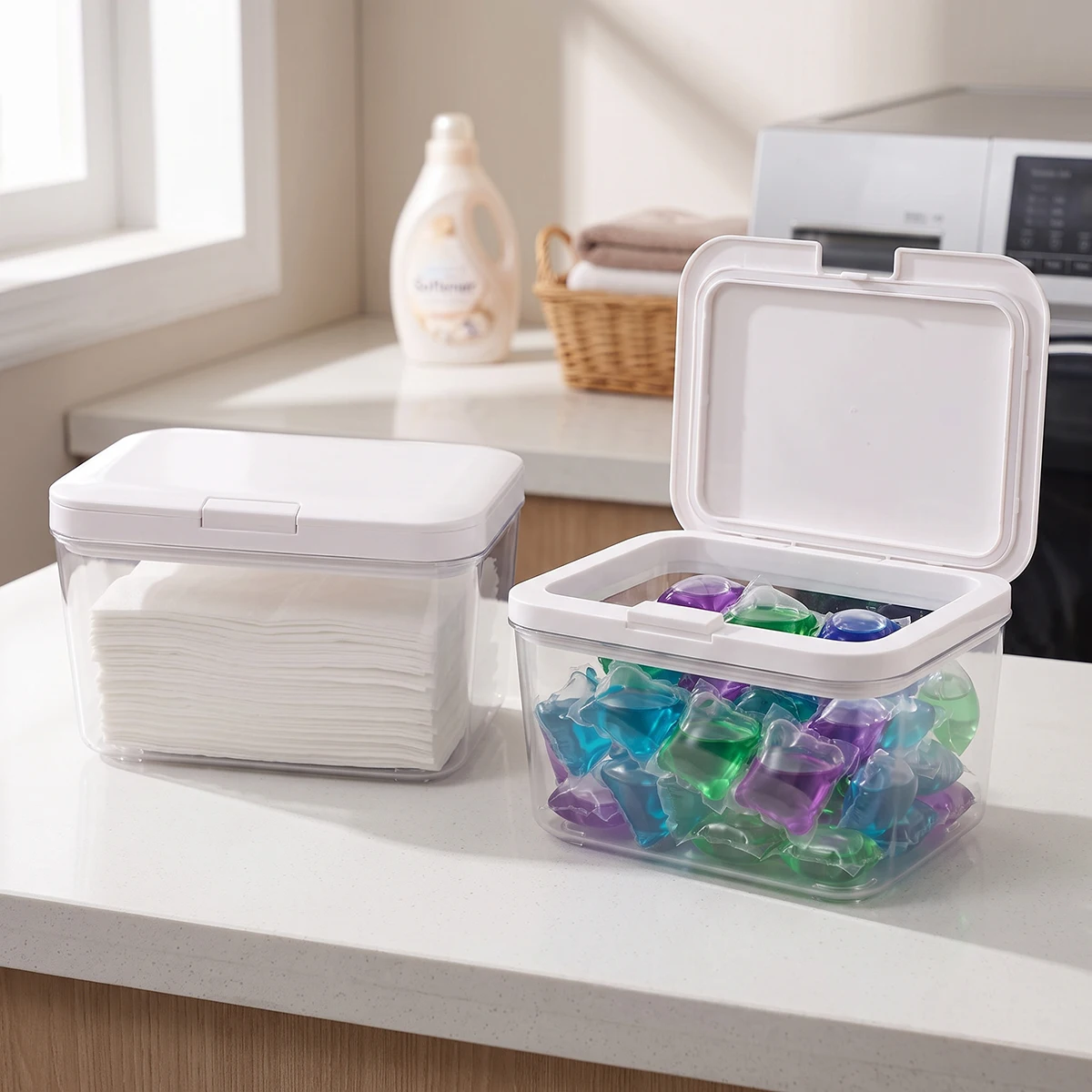 1/2 Unidades de Recipientes para Cápsulas de Lavar Roupa, Suporte para Lenços para Secadora, Recipientes para Detergente em Pó com Tampas para Organização da Lavanderia