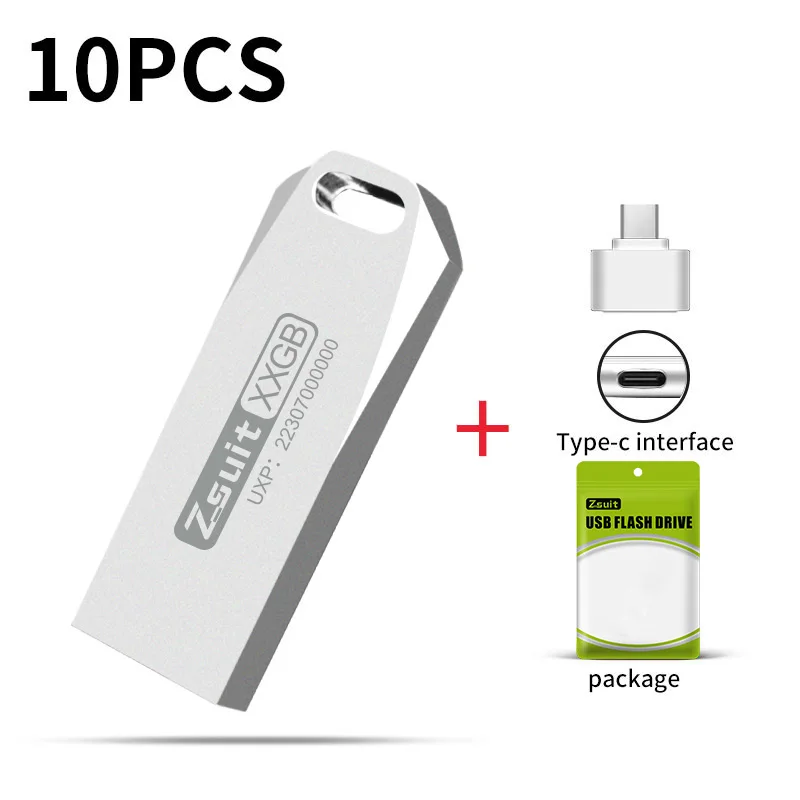 Zsuit 10 peças/unidade flash usb 64gb caneta de metal unidades 128gb memórias à prova d'água vara 3.0 u-disk logotipo grátis presente pendrive tipo-c usb