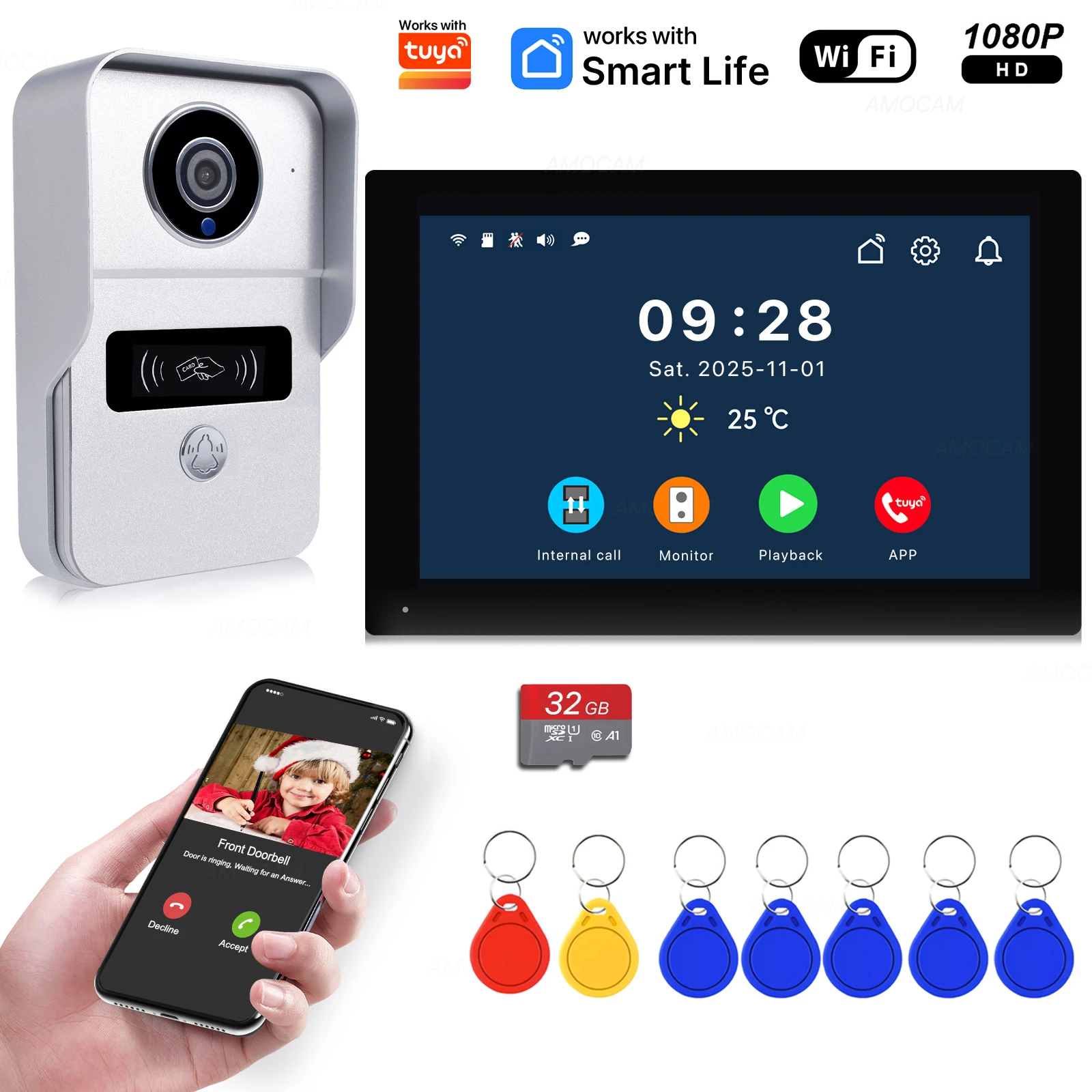Sistema de Campainha de Vídeo Sem Fio Wifi, Câmera de Porta 1080P, Tela Touch de 7 Polegadas, Intercomunicador de Vídeo com Cartão de 32GB para Casa, 4 Fios