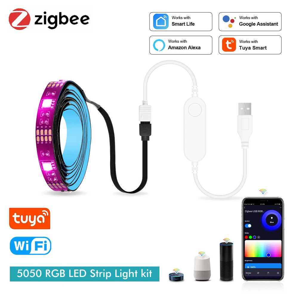Inteligente zigbee usb luzes led tuya wifi rgb tira conduzida dc5v 5050 inteligente led tv iluminação traseira wok com alexa google casa
