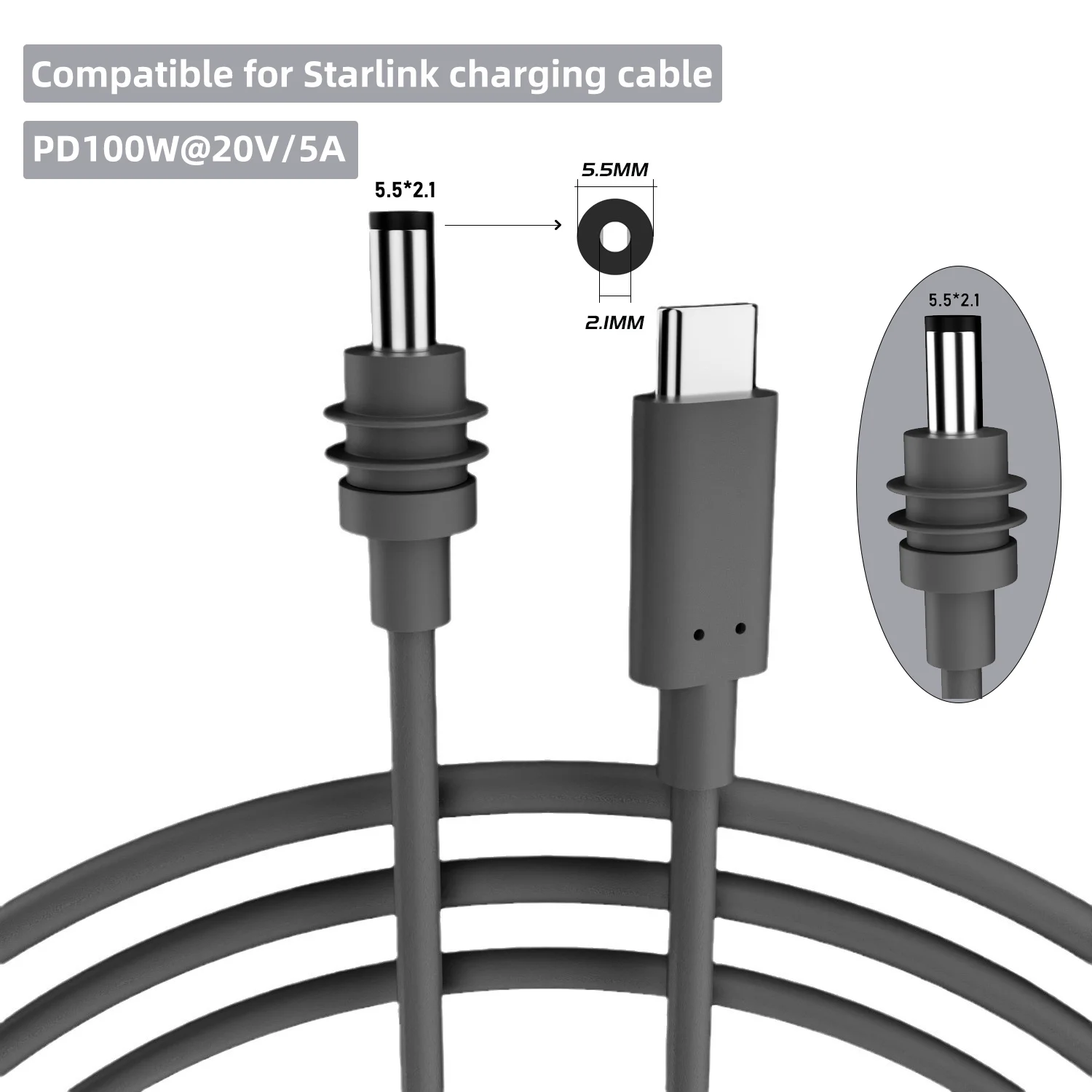 Cabo de Substituição para Starlink Mini 2M (6.6ft) com Entrada DC Tipo-C, Cabo de Carregamento à Prova d'Água para Uso Externo
