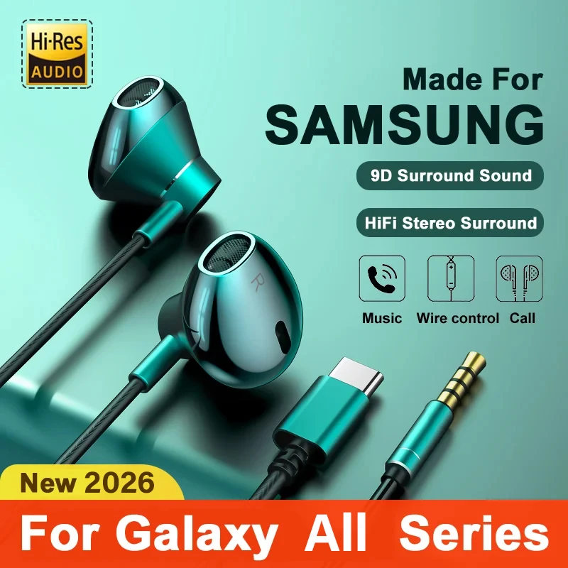 Fones de Ouvido Samsung HiFi com Controle de Volume e Microfone, USB Tipo C e Conector de 3.5mm, Fones de Ouvido com Fio para Galaxy S25 S24 S23 S22 Ultra