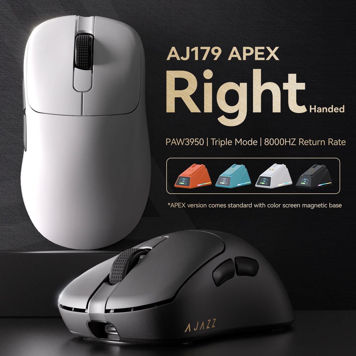 Mouse AJAZZ AJ179 APEX Tri-Mode Sem Fio 8K com Sensor PAW3950, Baixa Latência, Base de Carregamento, Personalizável, Leve, para Gamers de PC