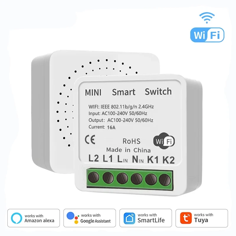 Mini Interruptor Inteligente DIY Compatível com Módulo de Interruptor de Luz WiFi Tuya, Necessita de Fio Neutro, Temporizador de 2 Vias, Disjuntor Sem Fio, Alexa Google Home