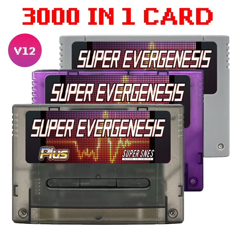 Super EVERGENESIS SNES SFC V12 3000 em 1 cartão de jogo com cartão 8G TF para Super Famicom 16 bits JPN/EU/USD console de videogame