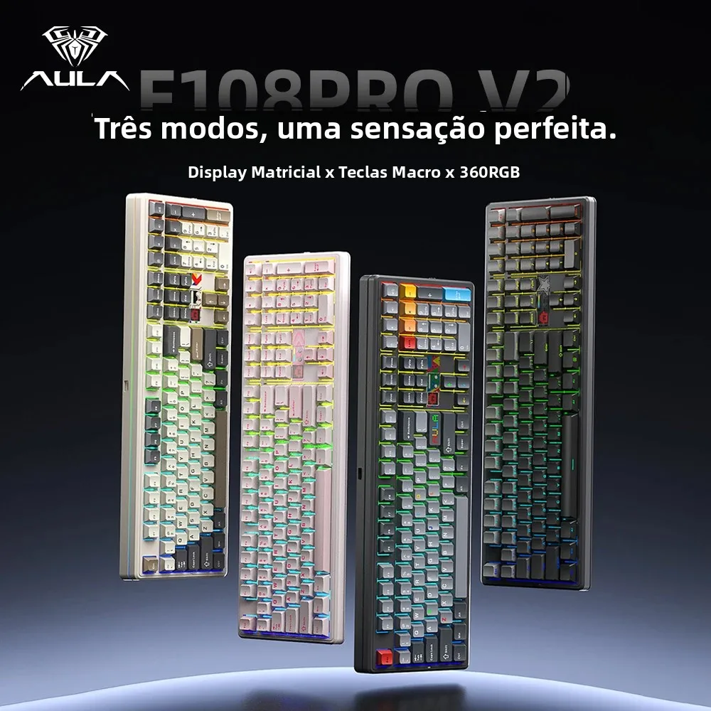 Teclado Mecânico AULA F108 Pro V2 Tri-Mode com Layout 100% e Retroiluminação RGB, Teclado Gamer Hot-Swap para Esports e Jogadores de PC