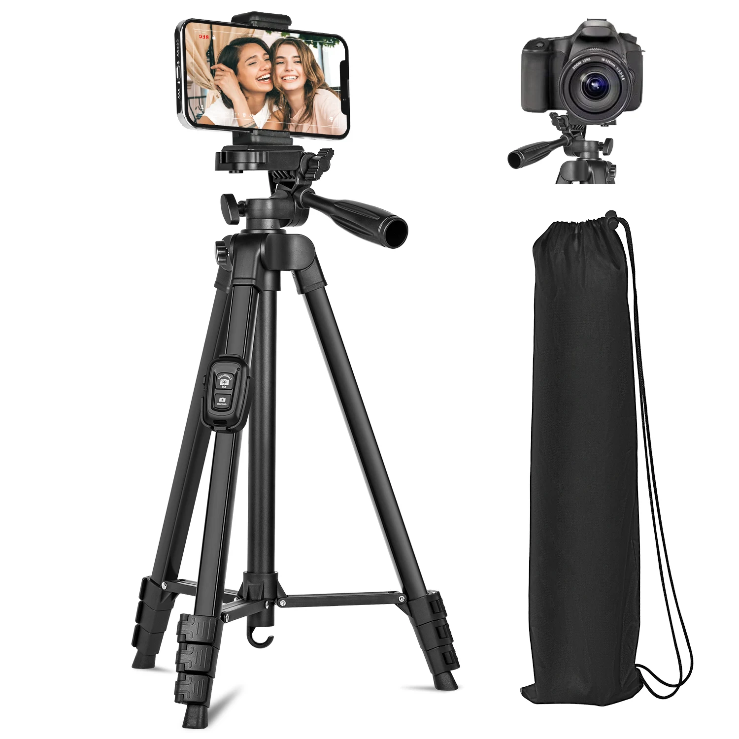 Tripé, tripé de câmera de 60 "com bolsa de viagem, tripé de telefone celular com controle remoto, suporte de tripé portátil de alumínio profissional