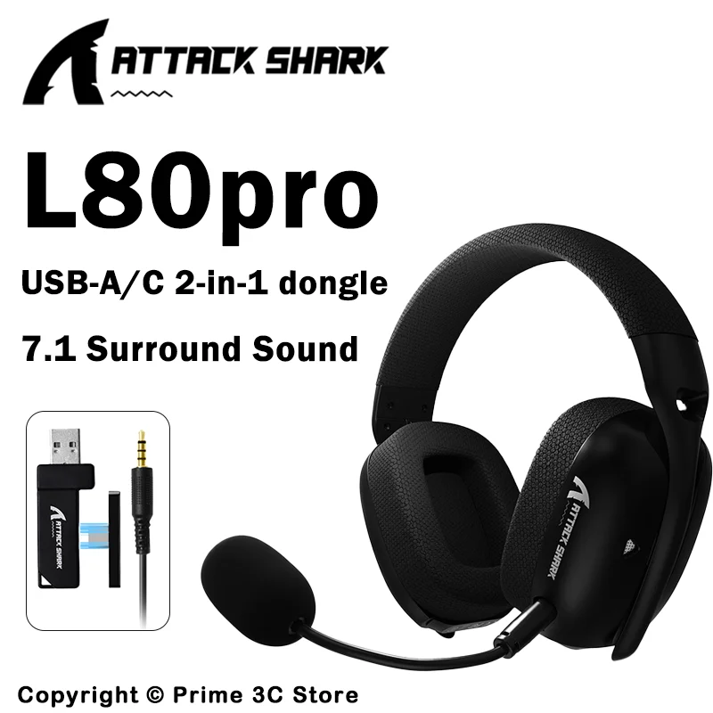 ATTACK SHARK L80PRO Fone de ouvido para jogos sem fio 2.4G/BT/com fio ultraleve 40mm drivers fone de ouvido de baixa latência para PC PS5 Switch Xbox