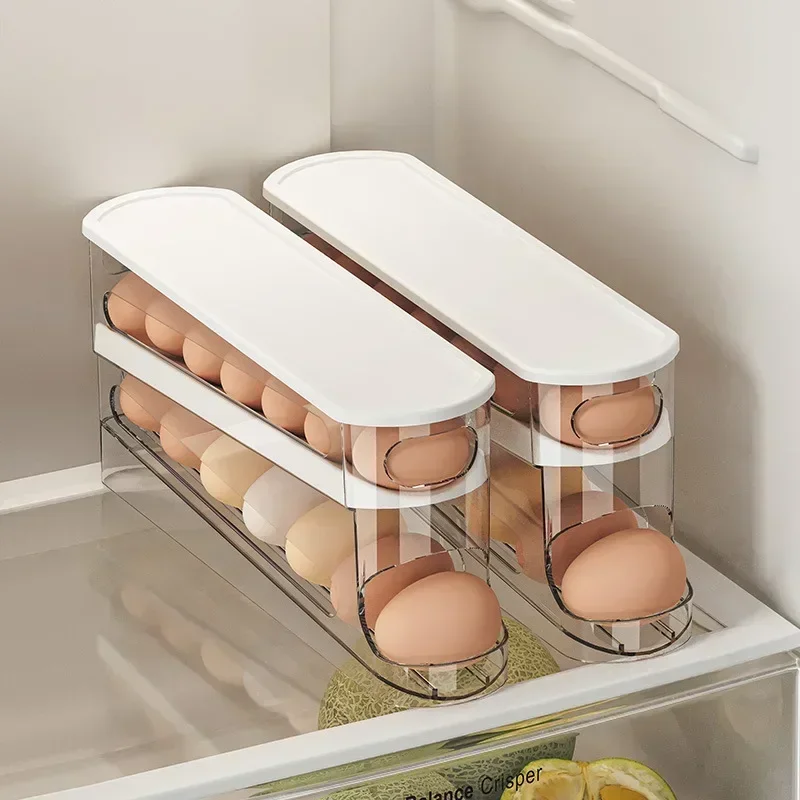 Bilayer geladeira caixa de armazenamento de ovos rolamento automático titular rack escada estilo geladeira ovos dispensador organizador titular