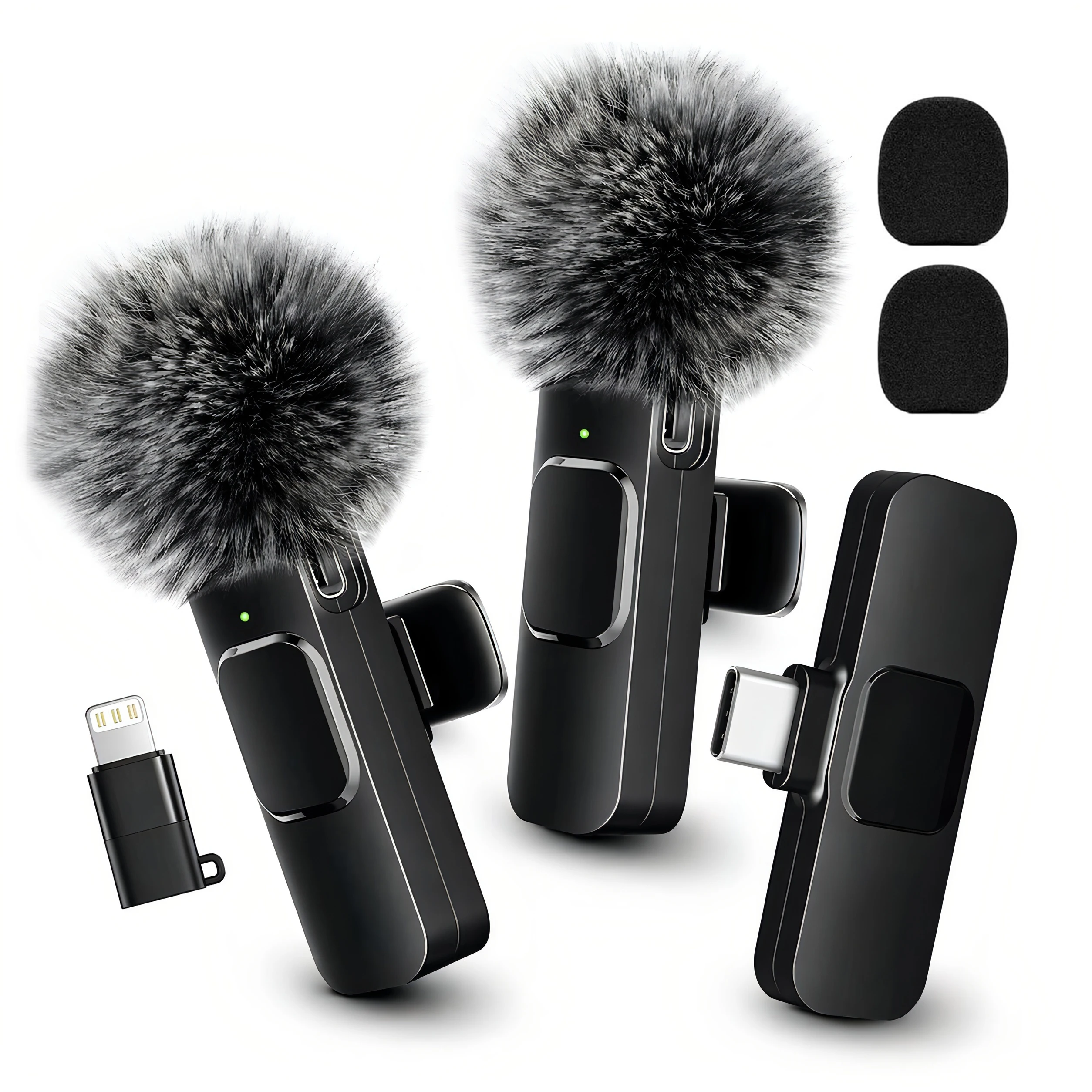 Microfone Lavalier Sem Fio com Protetor de Vento Peludo, Adaptador Tipo-C e Lightning, Microfone Mini com Clipe, Compatível com Android, iPhone, Tablets, Laptops Microfone Lavalier Sem Fio com Protetor de Vento Peludo, Adaptador Tipo-C e Lightning, Microfone Mini com Clipe, Compatível com Android, iPhone, Tablets, Laptops