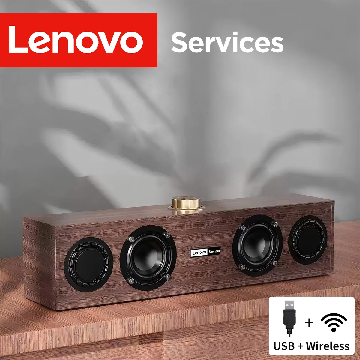 Caixa de Som de Madeira Lenovo C02, Bluetooth Retro com Fio, Alto-Falante de Computador com Grave Pesado, Subwoofer de Madeira, Universal para Desktop e Laptop