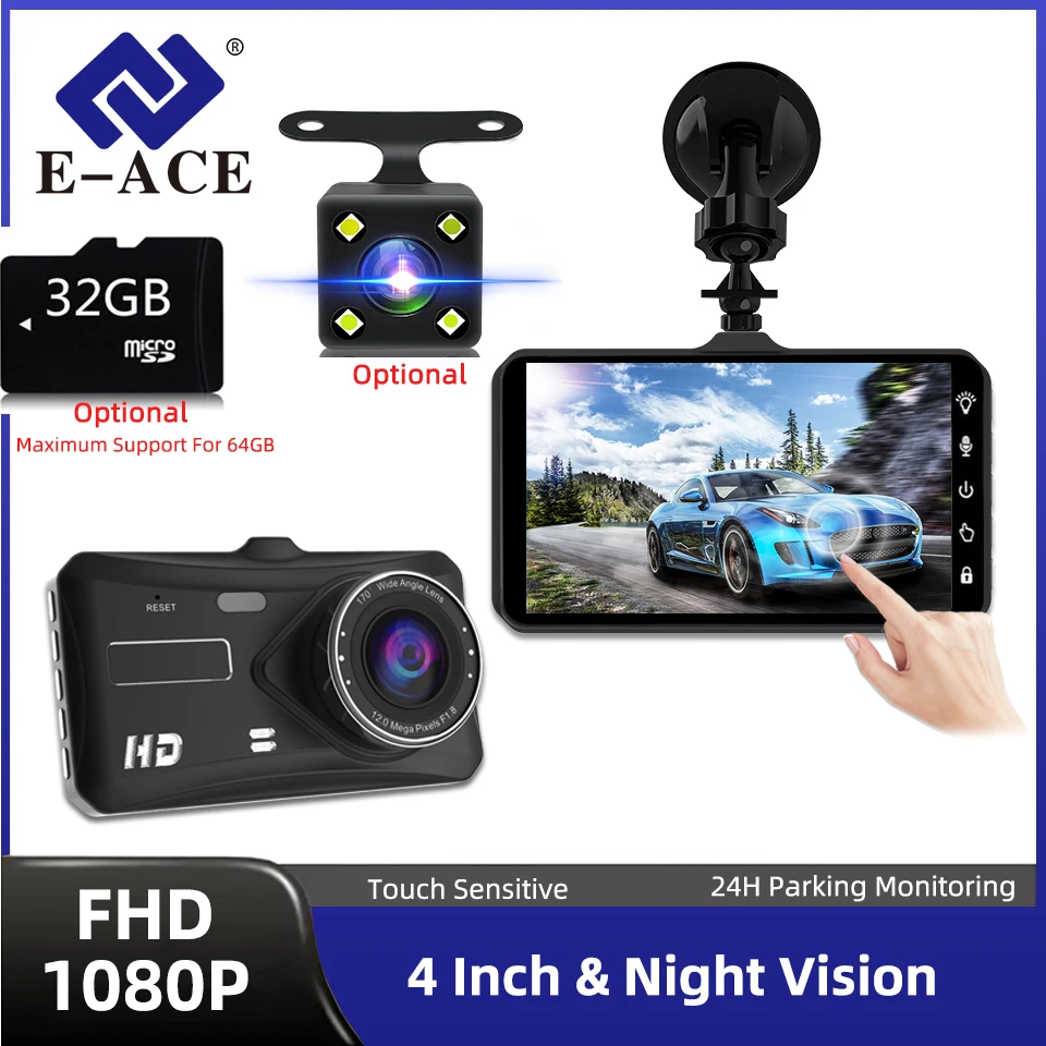 Câmera Veicular E-ACE 1080P B12 com Tela Sensível ao Toque, WDR, Sensor G, Visão Noturna e Lente Traseira Opcional - Dashcam Oculta