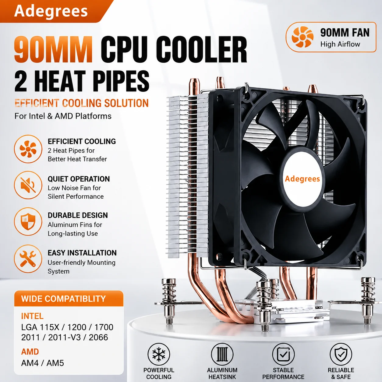 Cooler de CPU X99 com 2 Tubos de Calor, Ventilador de Arrefecimento a Ar para PC com Conectores 3PIN e 4PIN, Dissipador de Calor para Intel LGA 2011 1700 1150 1151 1155 1156 1200 1366 X79