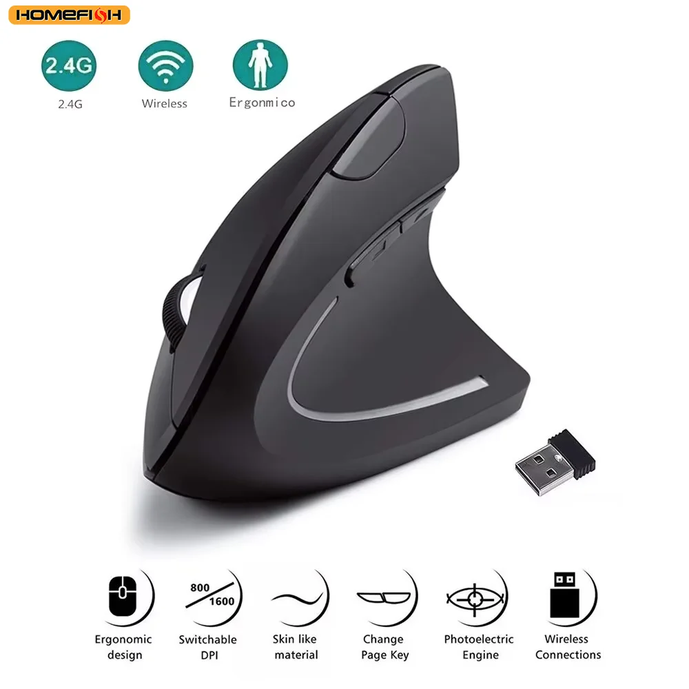 Mouse Vertical HOMEFISH Ergonômico Sem Fio 2.4GHz Óptico com 3 DPI Ajustáveis 800/1200/1600 e 6 Botões para Laptop PC Computador