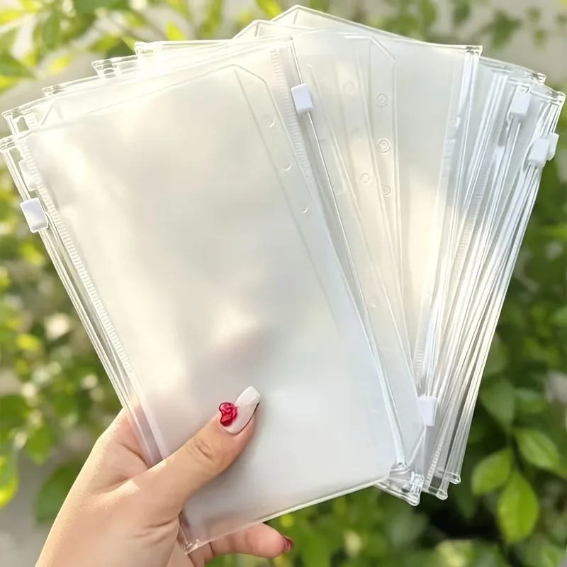 Bolsa de PVC transparente e impermeável, modelos A5, A6 e A7, com 6 furos, acessórios para cadernos e agendas, pasta com fecho de correr para folhas soltas, porta-cartões de identificação.