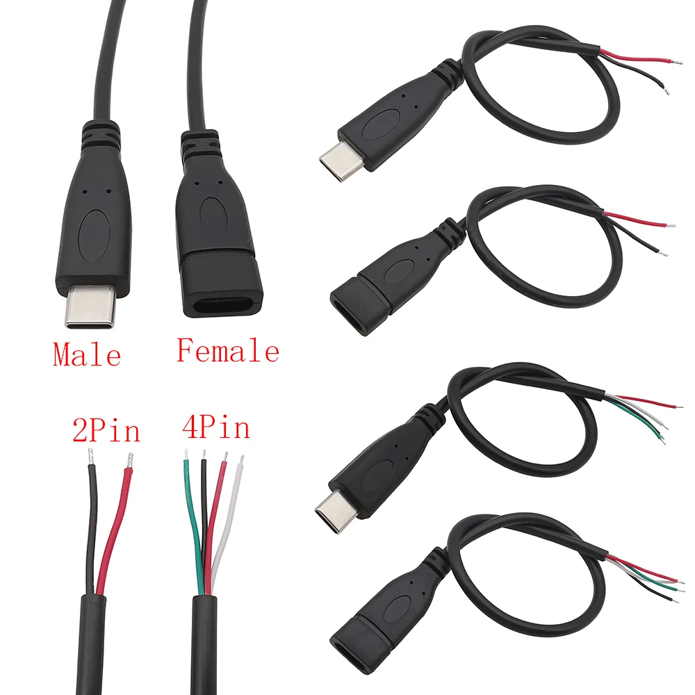 Usb tipo c macho fêmea plug fonte de alimentação carregador conector 2 pinos 4 pinos USB-C diy cabo de reparo tipo soldagem fio 0.3m 1m 2m