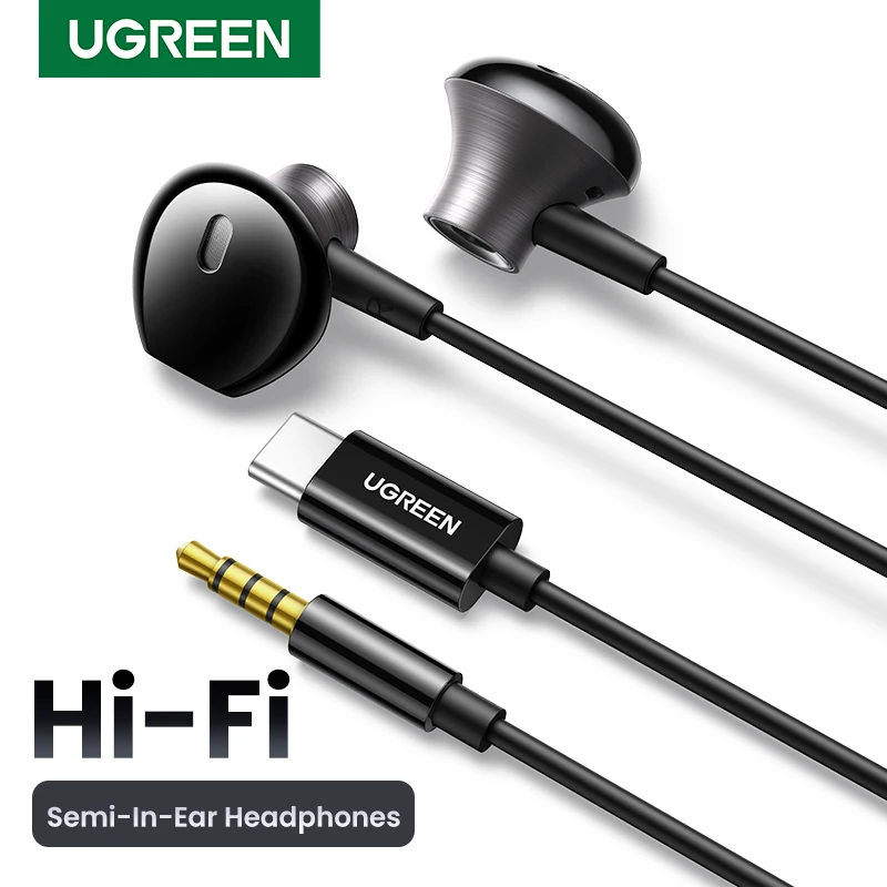 UGREEN Fones de ouvido semi-abertos USB tipo C com fio de 3,5 mm com microfone, fones de ouvido com fio estéreo HiFi, para a maioria com entrada de 3,5 mm