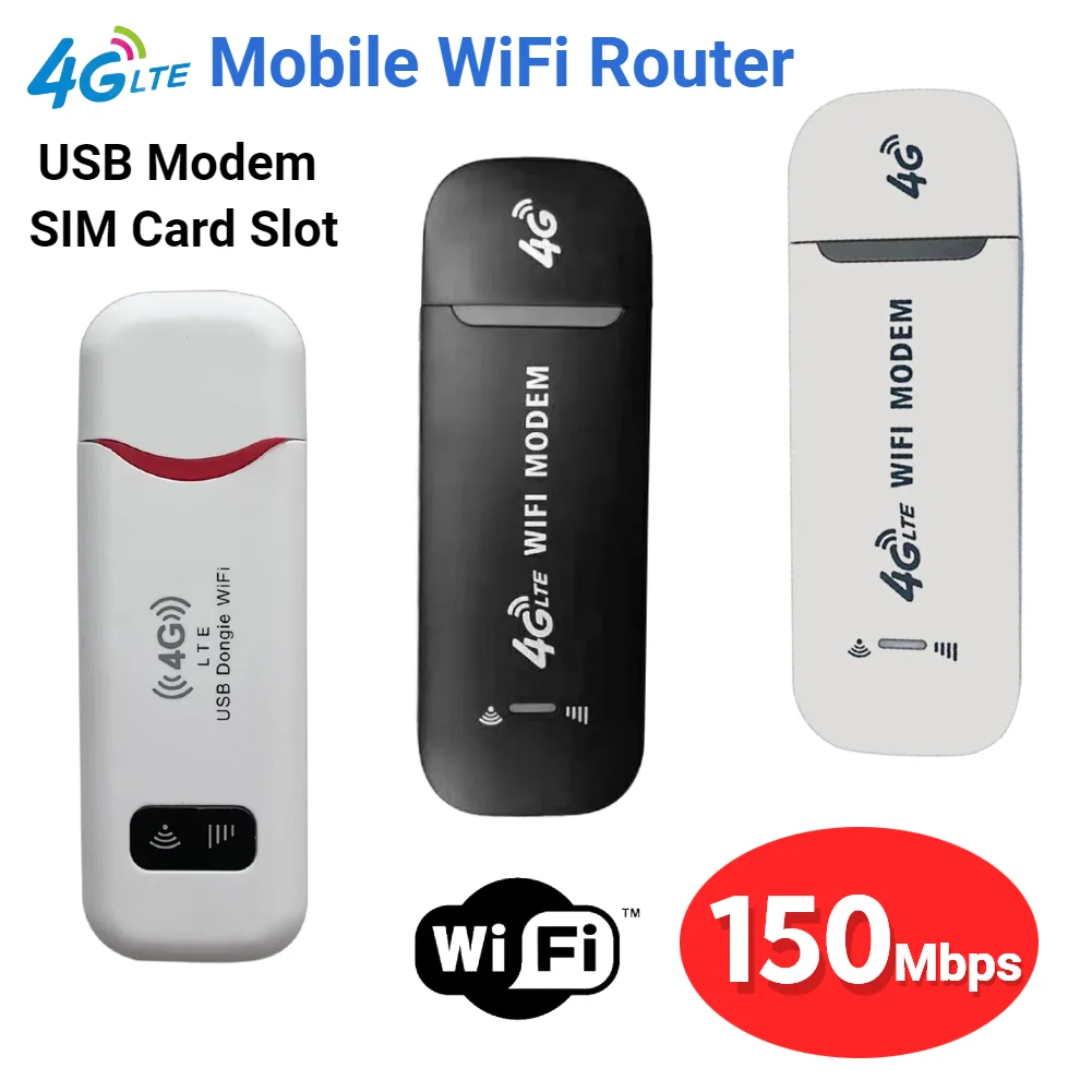 Modem USB sem fio para casa e escritório, roteador WiFi móvel, cartão SIM, cartão de rede, bolso WiFi Hotspot, dongle, 150Mbps, 4G LTE