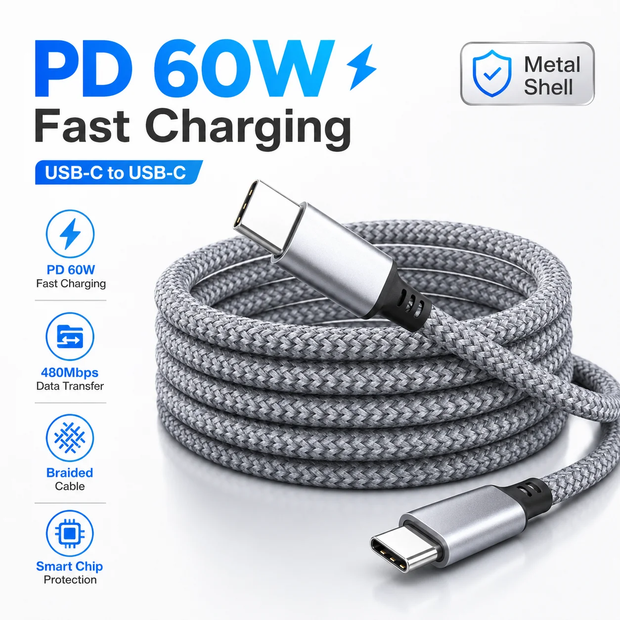Cabo USB C para USB C 60W PD Carregamento Rápido Transferência de Dados 480Mbps Cabo Tipo C Trançado em Nylon com Carcaça Metálica para Telefone Tablet Laptop