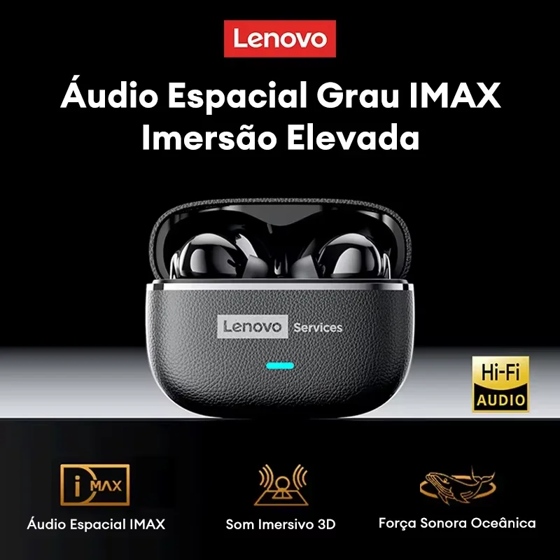 Fones de Ouvido Sem Fio Lenovo LE208 Bluetooth V6.0 com Som HIFI, Design em Textura de Couro, Microfone AI com Redução de Ruído e Chamada HD