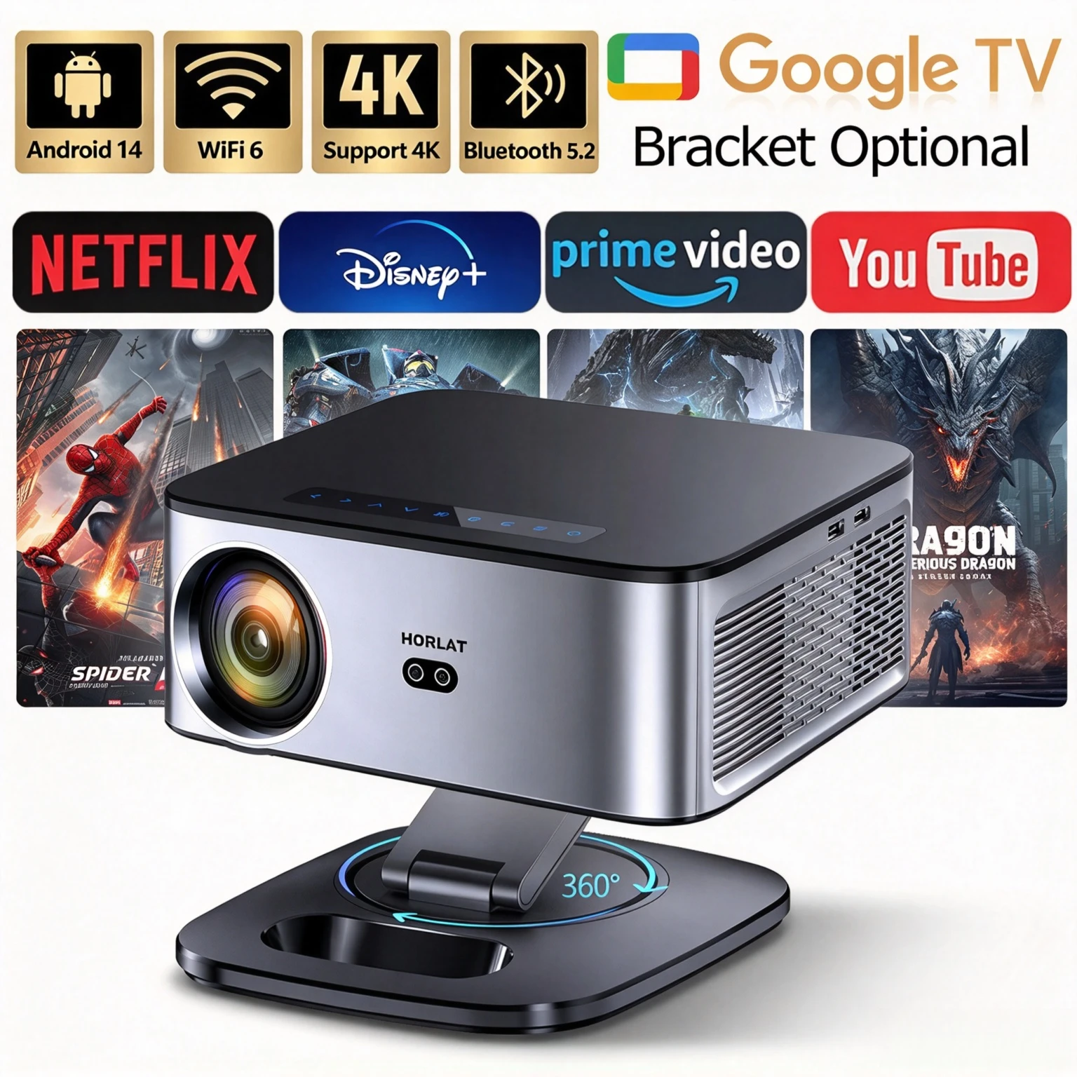 Projetor HORLAT T09MAX Google TV 4K 40000 Lumens WiFi6 BT5.2 com Foco Automático e Resolução Nativa 1080P Full HD para Cinema em Casa