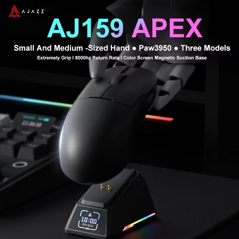 Mouse Gamer AJAZZ AJ159 APEX Tri-Mode Sem Fio com Sensor PAW3950 8K, Baixa Latência, Base de Carregamento Personalizável e Leve para PC Gamer