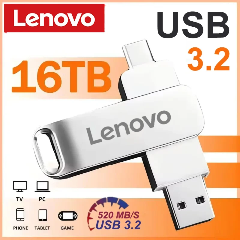 Pen Drive USB3.2 Lenovo 16TB OTG, Disco Flash de Alta Velocidade Tipo-C, Capacidade Real, Pendrive de Metal para Telefone e Computador