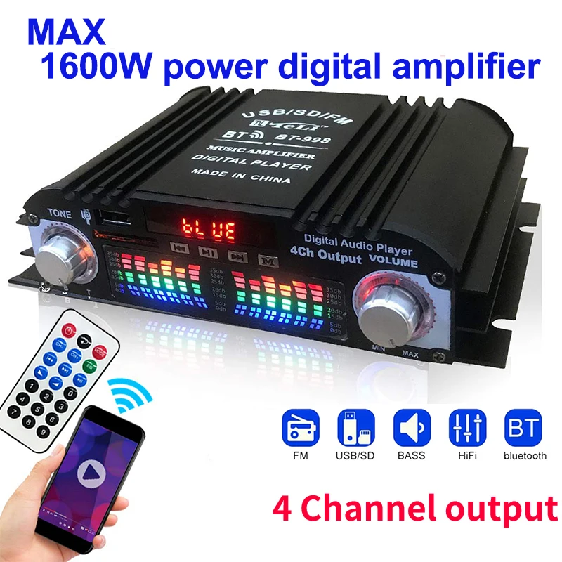 Amplificador de som hifi de potência máxima 1600w, amplificador de áudio digital de 4 canais, bluetooth, karaokê, rádio fm, suporte para controle remoto