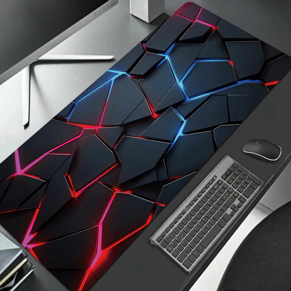 Mouse Pad Grande para Jogos 90x40 Design Gradiente Vermelho e Azul Borracha Antiderrapante com Borda Costurada Tapete de Mesa para Jogos e Trabalho de Escritório