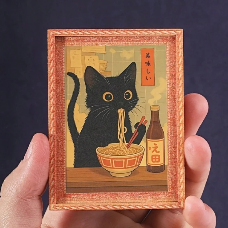 Mini Ímã de Gato Preto com Ramen emoldurado, Ímã de Geladeira de Gato Japonês Fofo para Cozinha, Casa, Refrigerador e Decoração