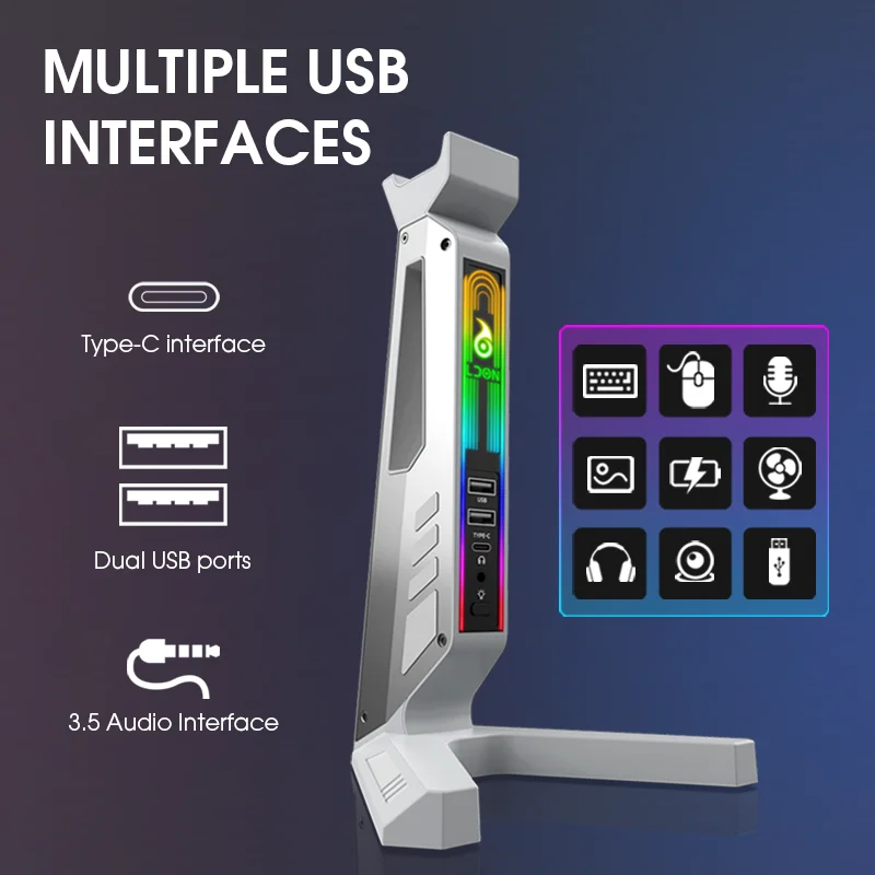Suporte para fone de ouvido para jogos RGB com luzes ativadas por som, doca de carregamento USB LED de 11 modos, suporte para fone de ouvido para PC Gamer